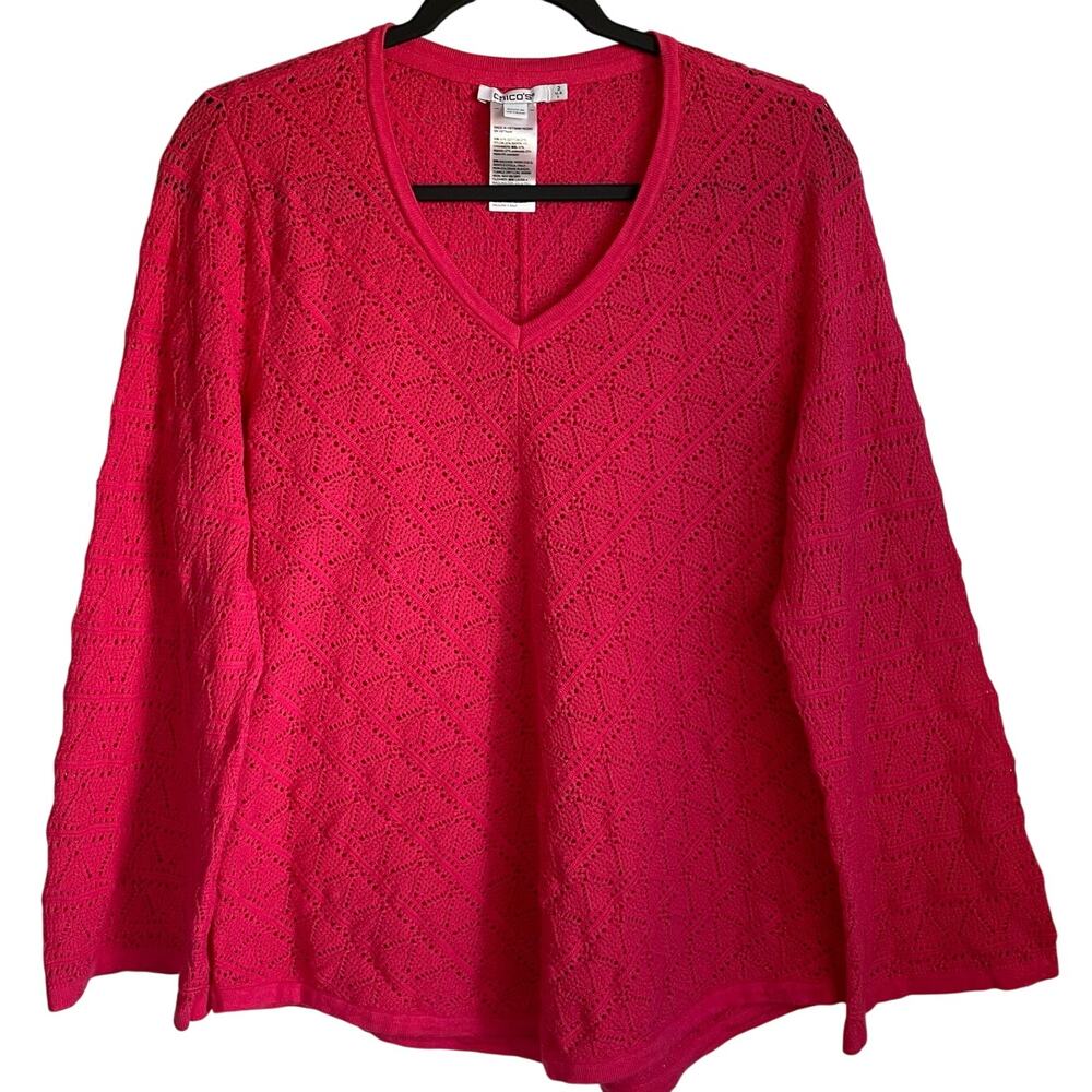 Chico’s Open Knit Sweater Sz L V-Neck Flare Sleeves Cotton Cashmere Blend Coral